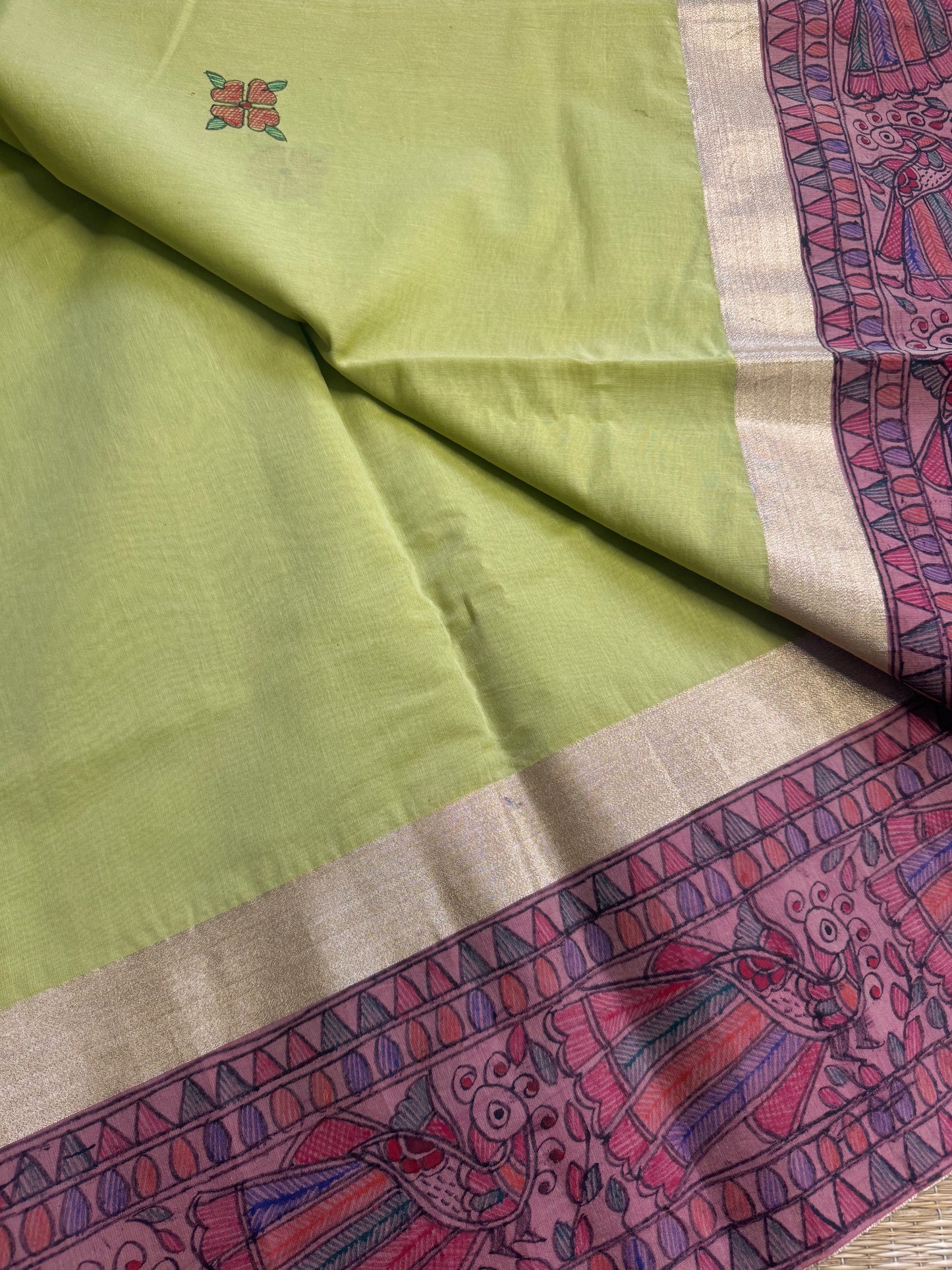 Madhubani Heritage Saree – Pastel Green
