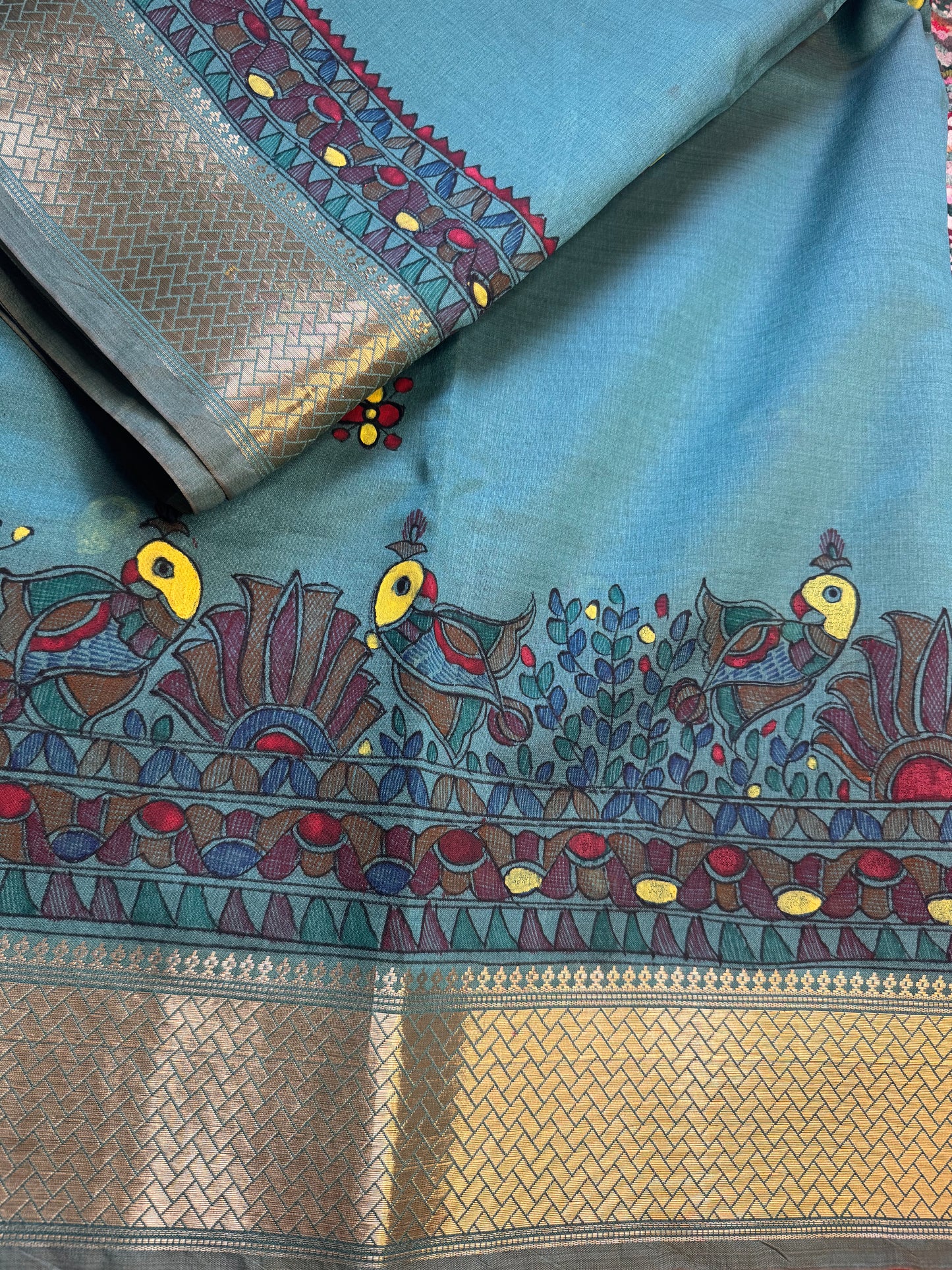 Madhubani Heritage Saree – (Pastel Blue)