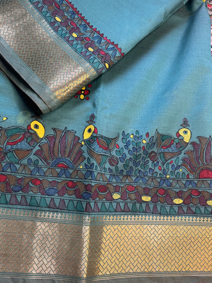 Madhubani Heritage Saree – (Pastel Blue)