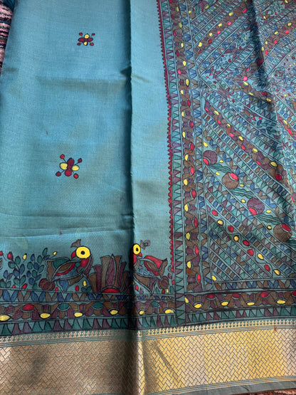 Madhubani Heritage Saree – (Pastel Blue)
