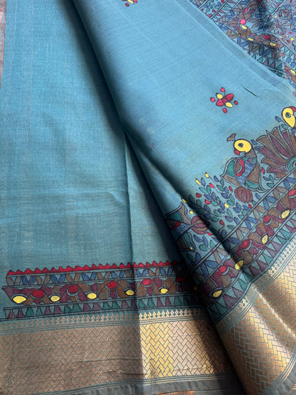 Madhubani Heritage Saree – (Pastel Blue)