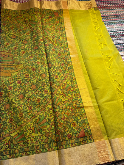 Madhubani Heritage Saree – (Parrot Green)