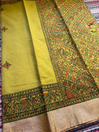 Madhubani Heritage Saree – (Parrot Green)