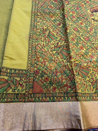 Madhubani Heritage Saree – (Parrot Green)