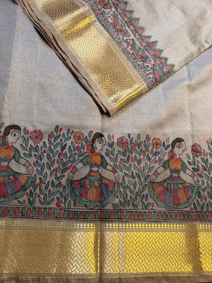 Madhubani Heritage Saree – (Grey)