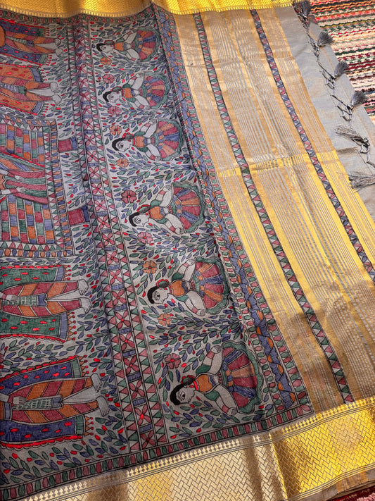 Madhubani Heritage Saree – (Grey)