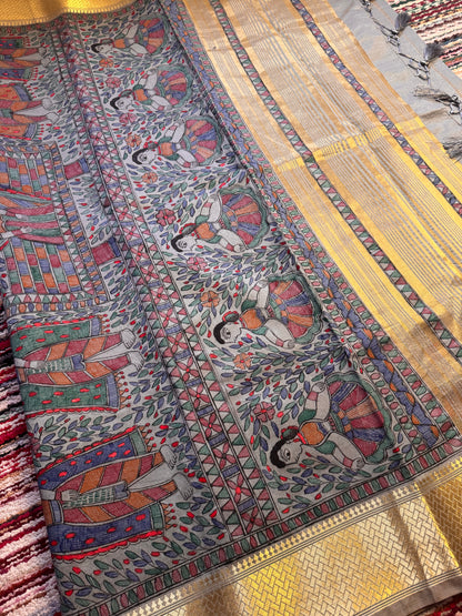 Madhubani Heritage Saree – (Grey)