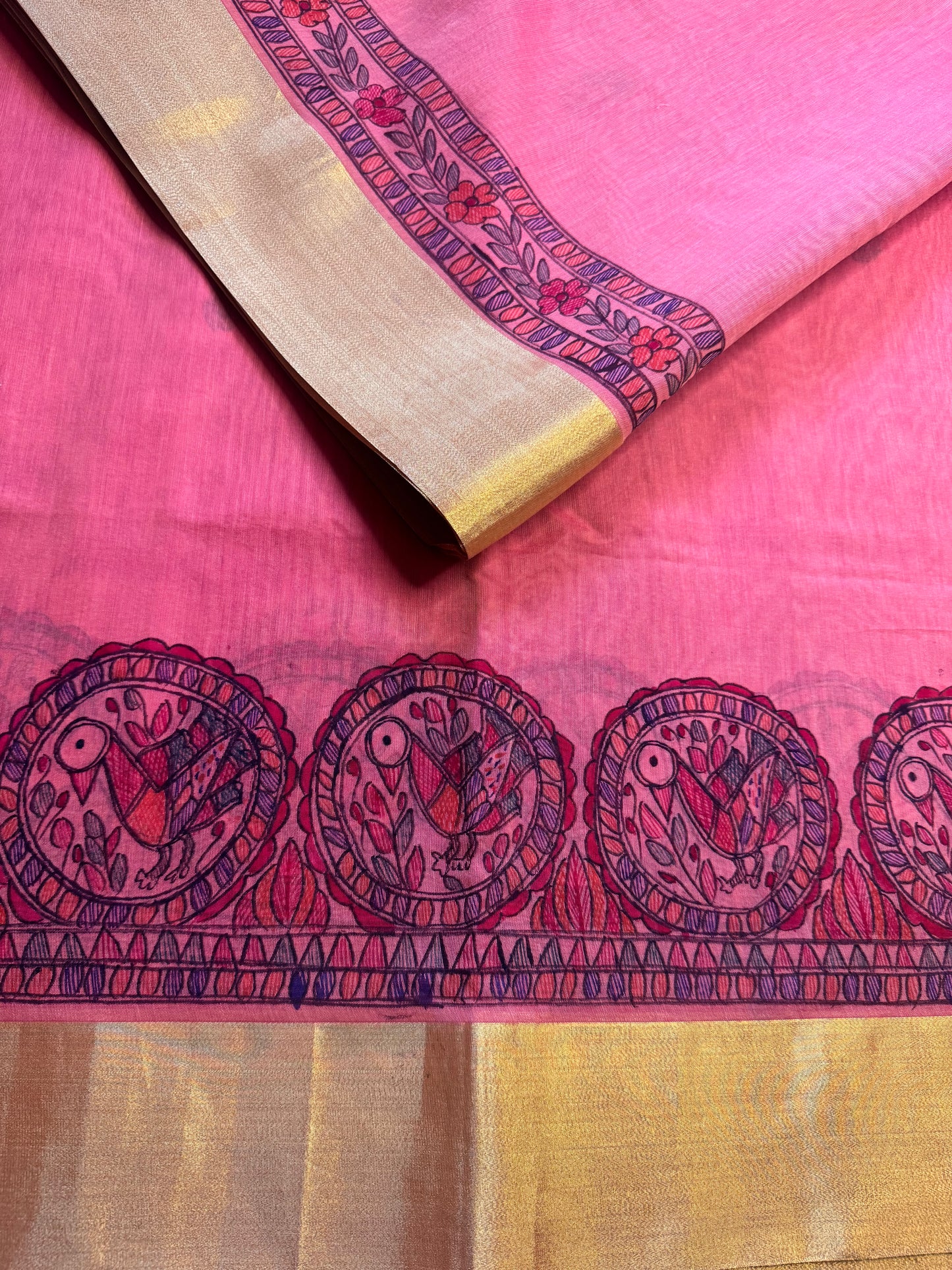 Madhubani Heritage Saree – (Peach Pink)