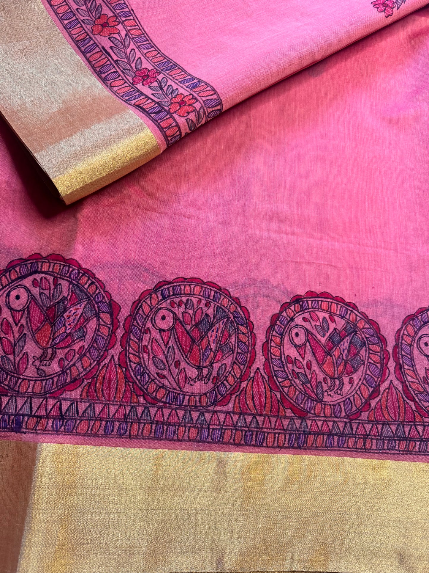 Madhubani Heritage Saree – (Peach Pink)