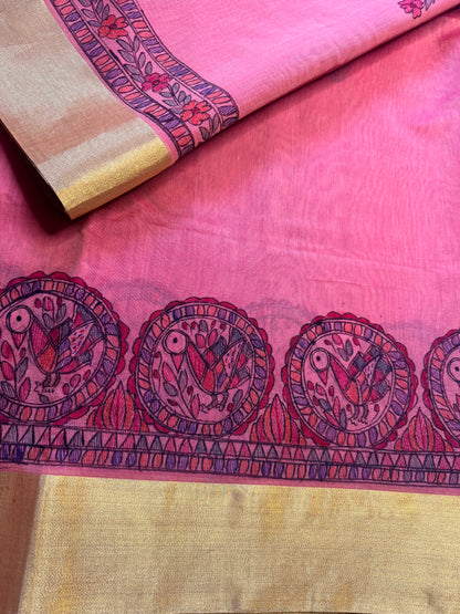 Madhubani Heritage Saree – (Peach Pink)