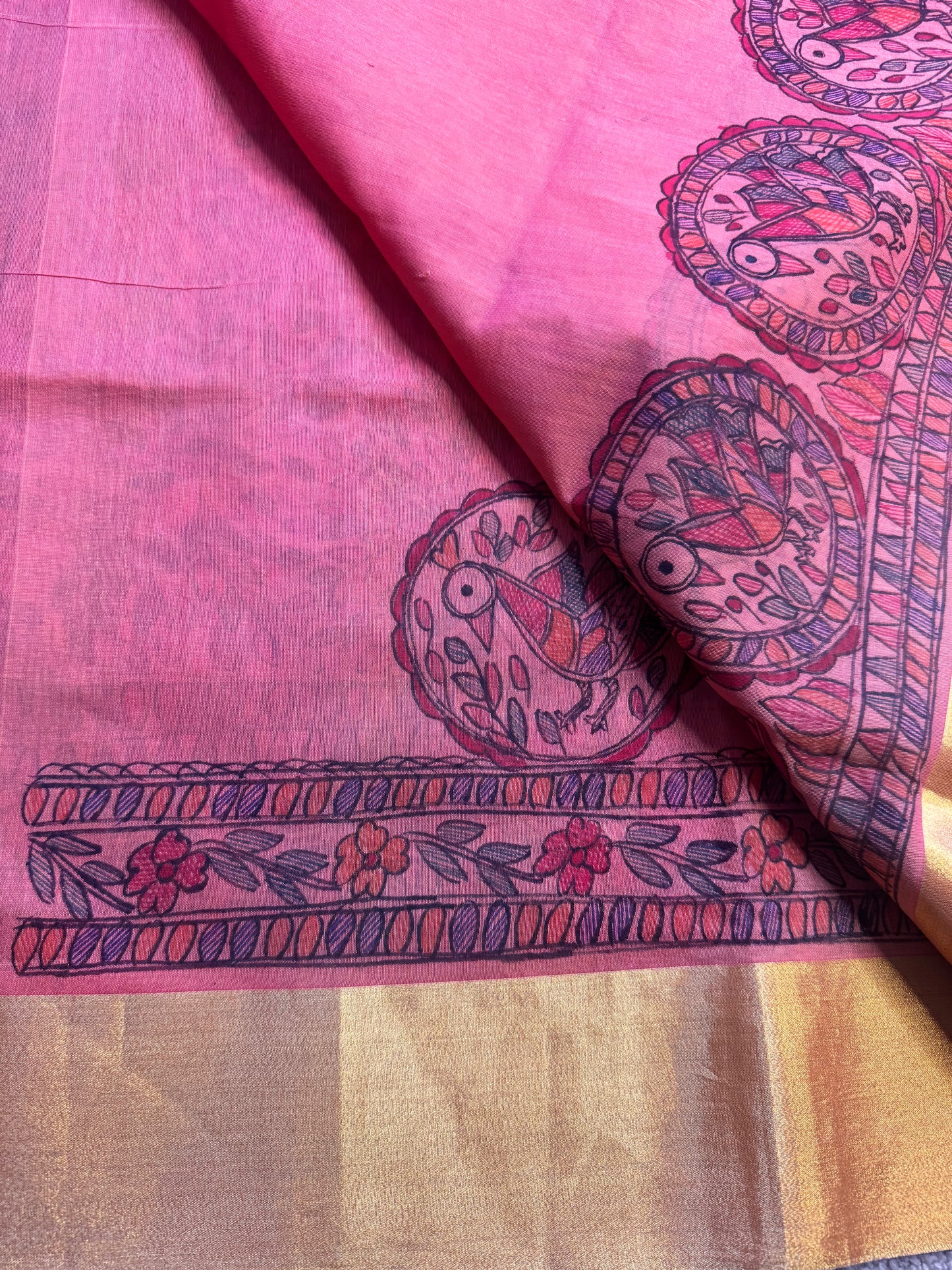 Madhubani Heritage Saree – (Peach Pink)