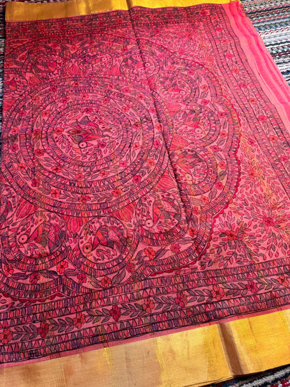 Madhubani Heritage Saree – (Peach Pink)