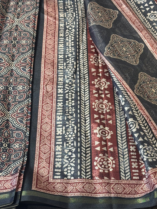 Black Semi Chanderi Silk with Ajrak Print