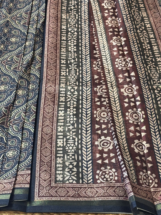 Blue Semi Chanderi Silk with Ajrak Print