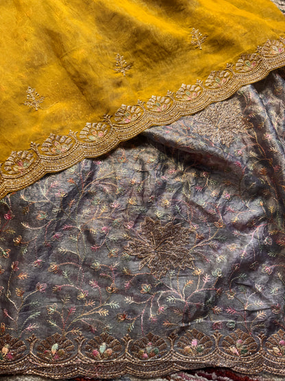 Grey Embroidered Tissue Saree with Contrast yellow