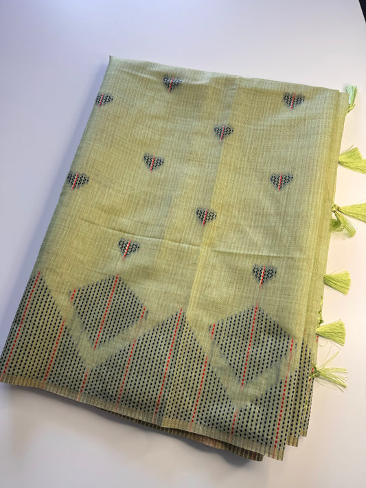 Light Green Assam Jute Linen Cotton Saree