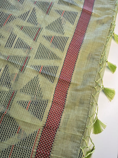 Light Green Assam Jute Linen Cotton Saree