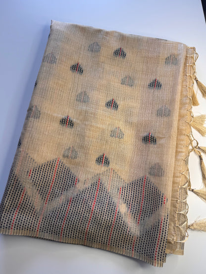 Cream Assam Jute Linen Cotton Saree