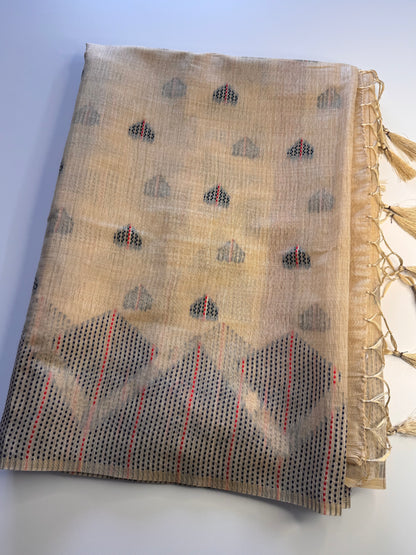 Cream Assam Jute Linen Cotton Saree