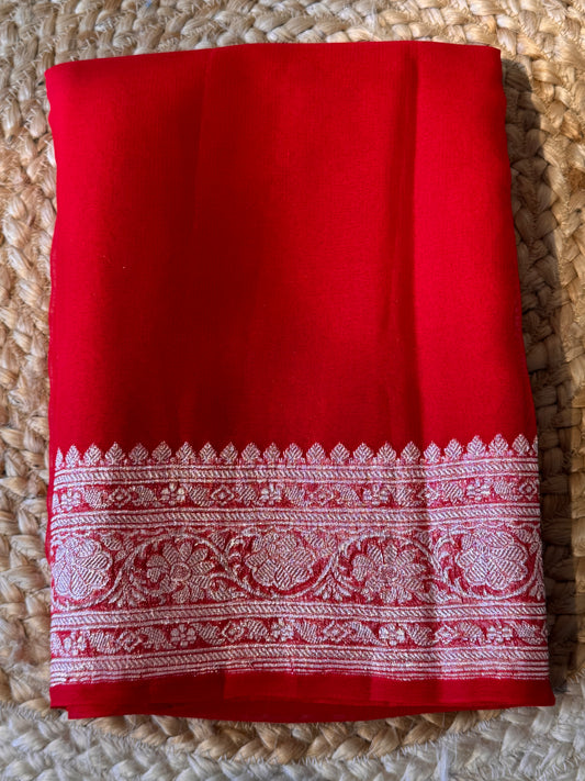 Red Khadi Banaras Pure Chiffon Saree
