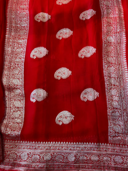 Red Khadi Banaras Pure Chiffon Saree