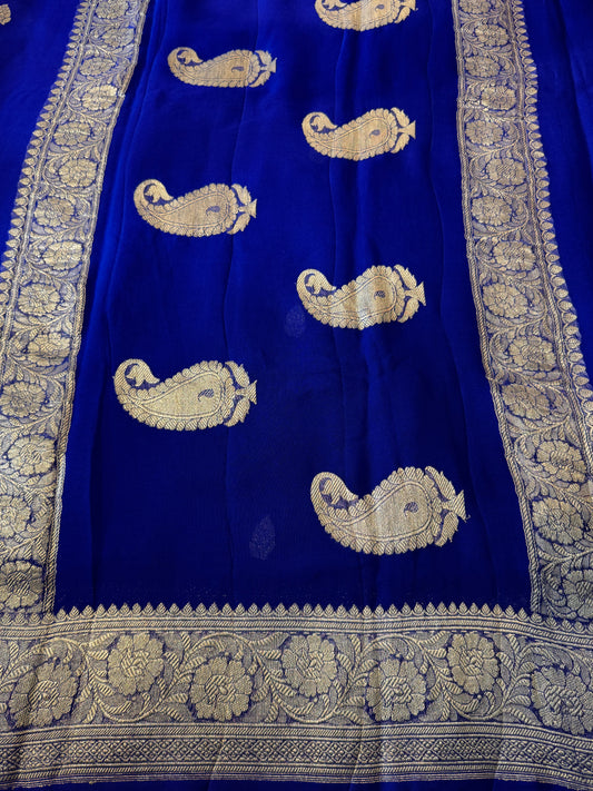 Blue Khadi Banaras Pure Chiffon Saree