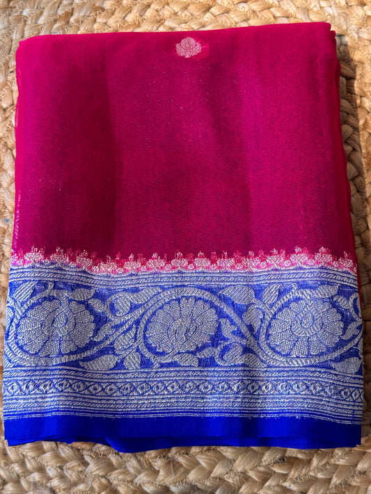 Pink with Blue Khadi Banaras Pure Chiffon Saree