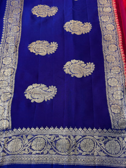 Pink with Blue Khadi Banaras Pure Chiffon Saree