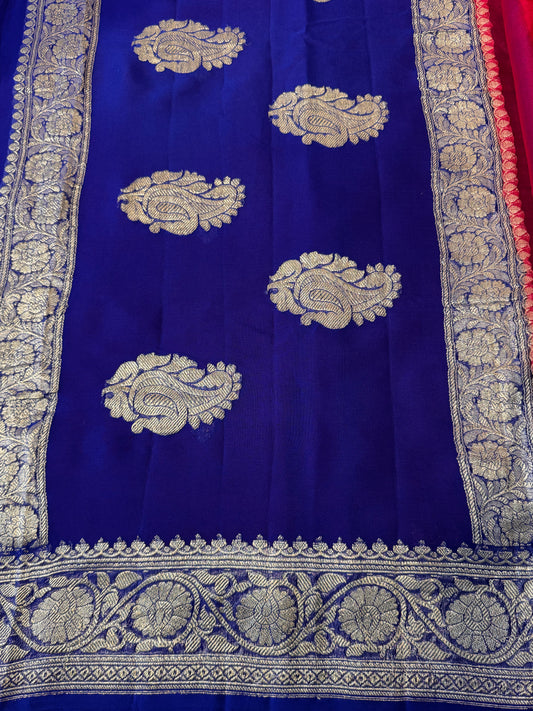 Pink with Blue Khadi Banaras Pure Chiffon Saree
