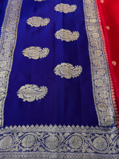 Pink with Blue Khadi Banaras Pure Chiffon Saree