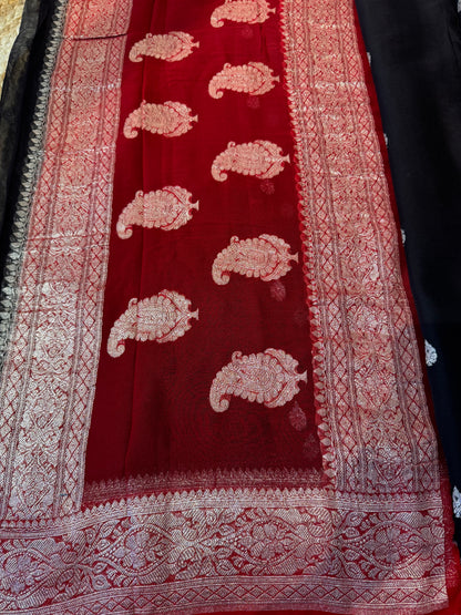 Black with Red Khadi Banaras Pure Chiffon Saree