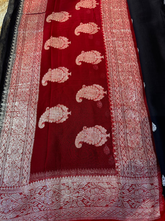 Black with Red Khadi Banaras Pure Chiffon Saree