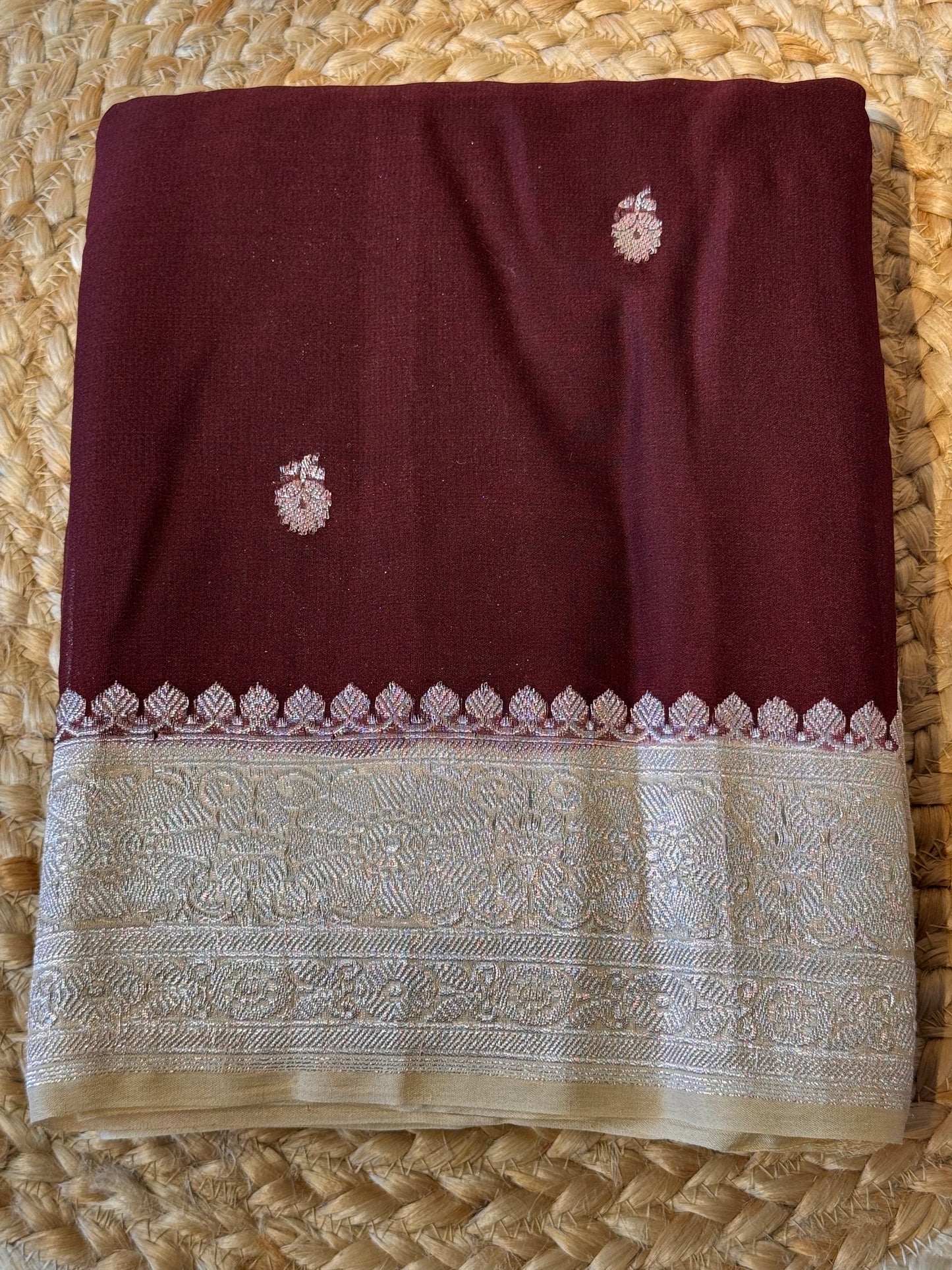 Brown with Cream Khadi Banaras Pure Chiffon Saree