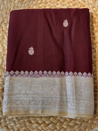 Brown with Cream Khadi Banaras Pure Chiffon Saree