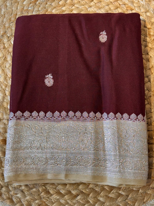 Brown with Cream Khadi Banaras Pure Chiffon Saree