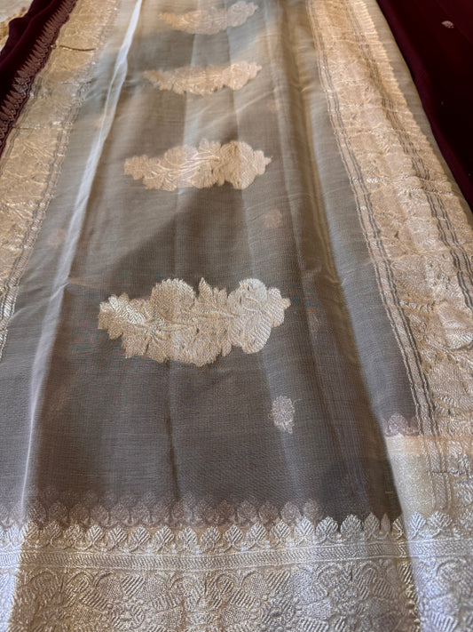 Brown with Cream Khadi Banaras Pure Chiffon Saree