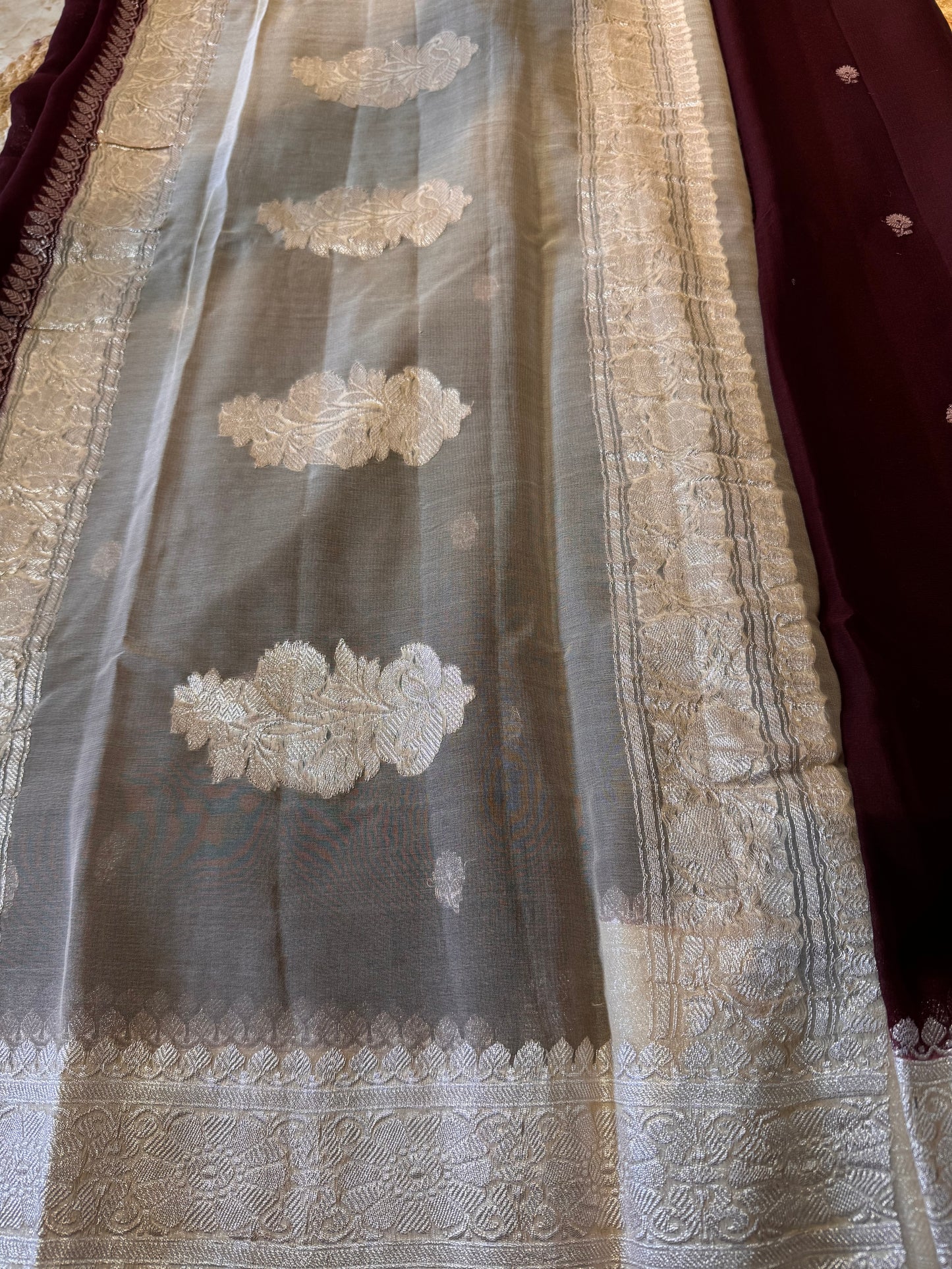 Brown with Cream Khadi Banaras Pure Chiffon Saree