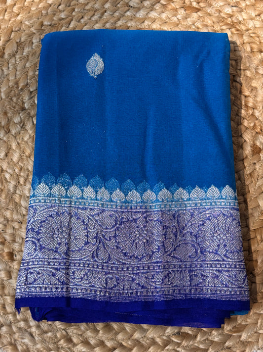 Light Blue with Dark blue Khadi Banaras Pure Chiffon Saree