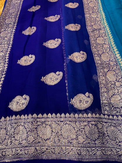 Light Blue with Dark blue Khadi Banaras Pure Chiffon Saree