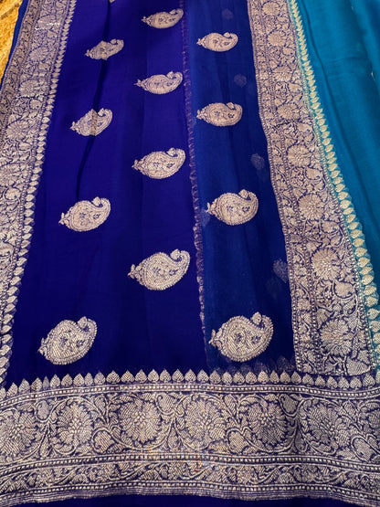 Light Blue with Dark blue Khadi Banaras Pure Chiffon Saree