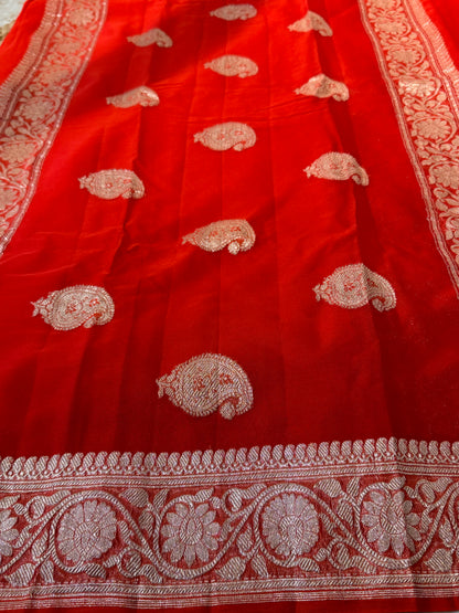 Orange Khadi Banaras Pure Chiffon Saree