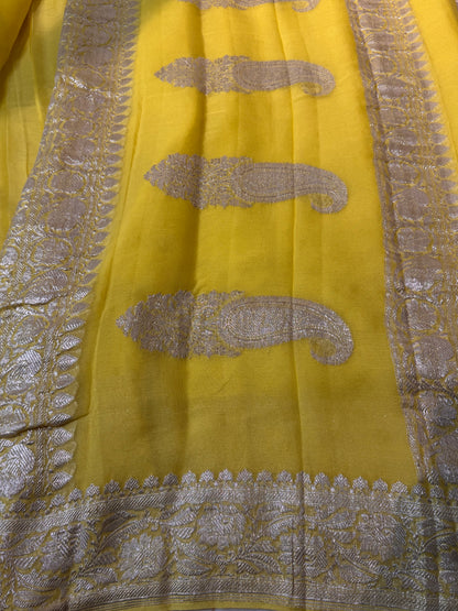 Bright Yellow Khadi Banaras Pure Chiffon Saree