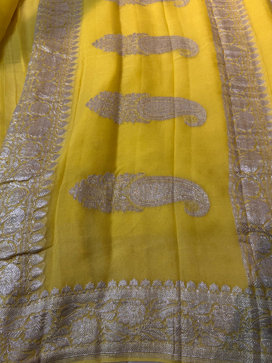 Bright Yellow Khadi Banaras Pure Chiffon Saree