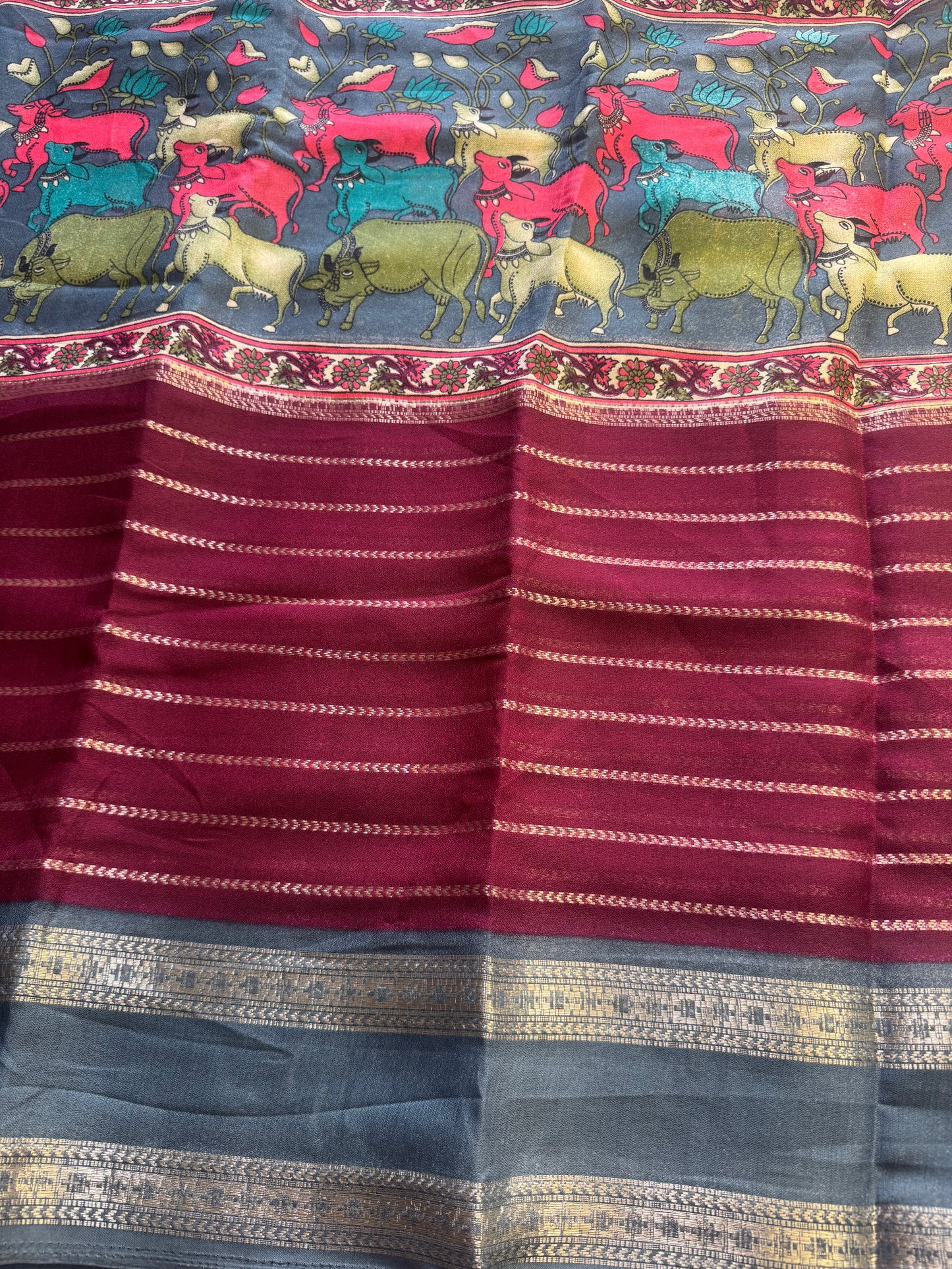 Pichwai Maroon Chiffon Saree