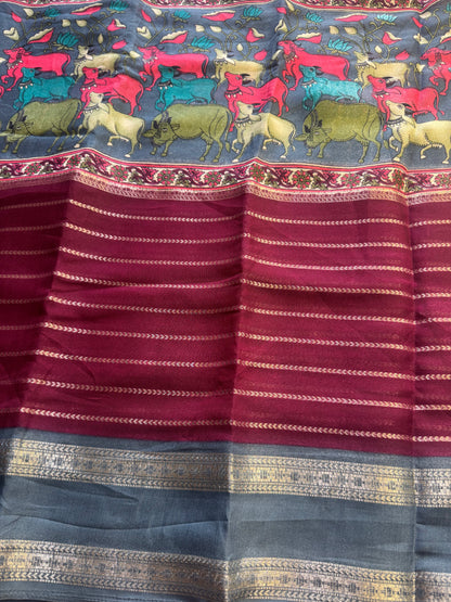 Pichwai Maroon Chiffon Saree