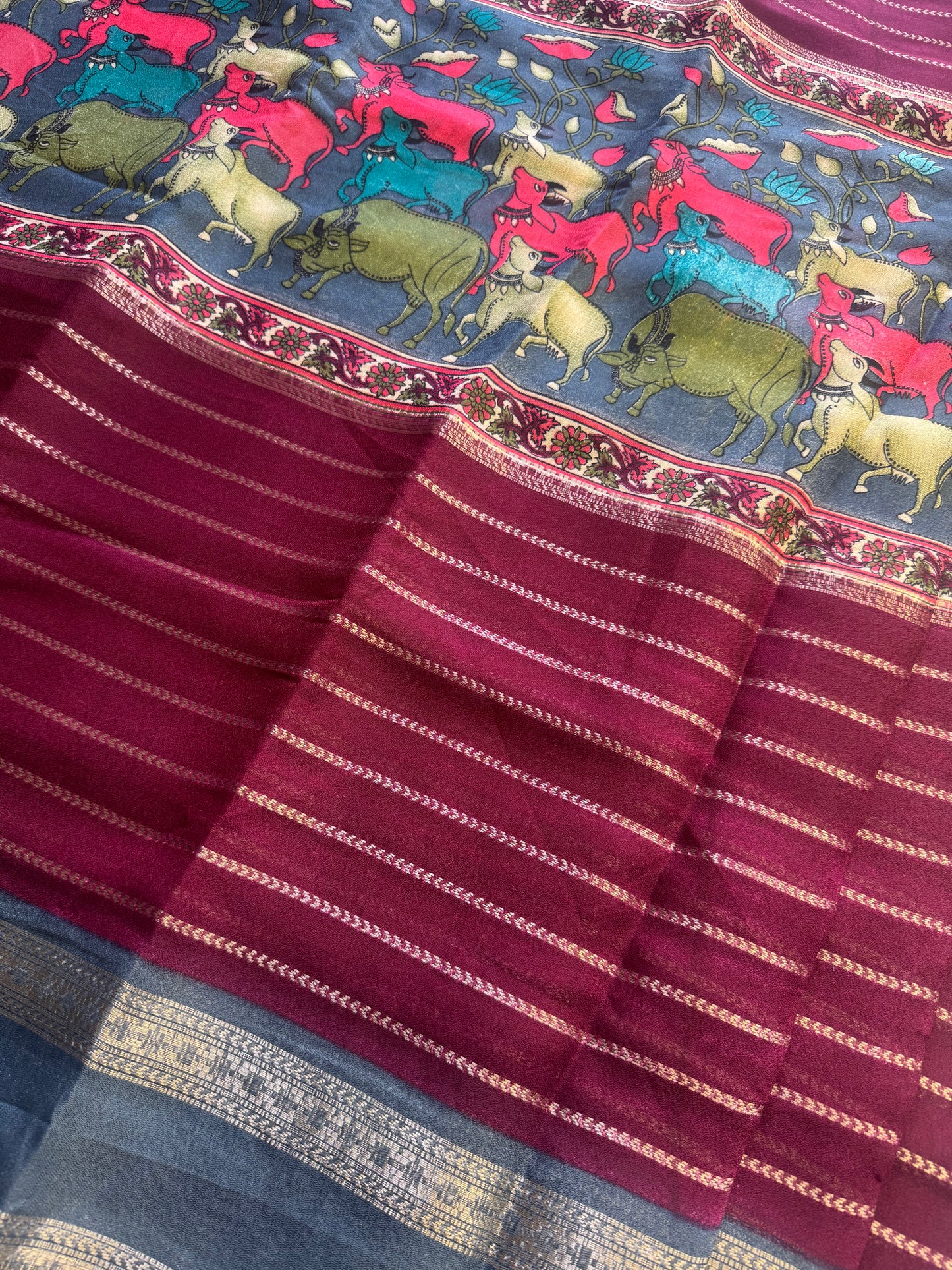 Pichwai Maroon Chiffon Saree