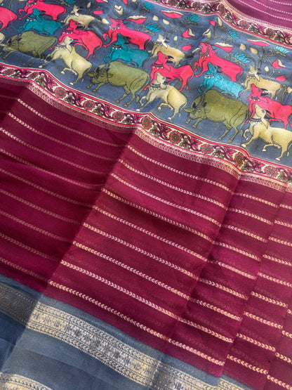 Pichwai Maroon Chiffon Saree
