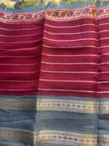 Pichwai Maroon Chiffon Saree
