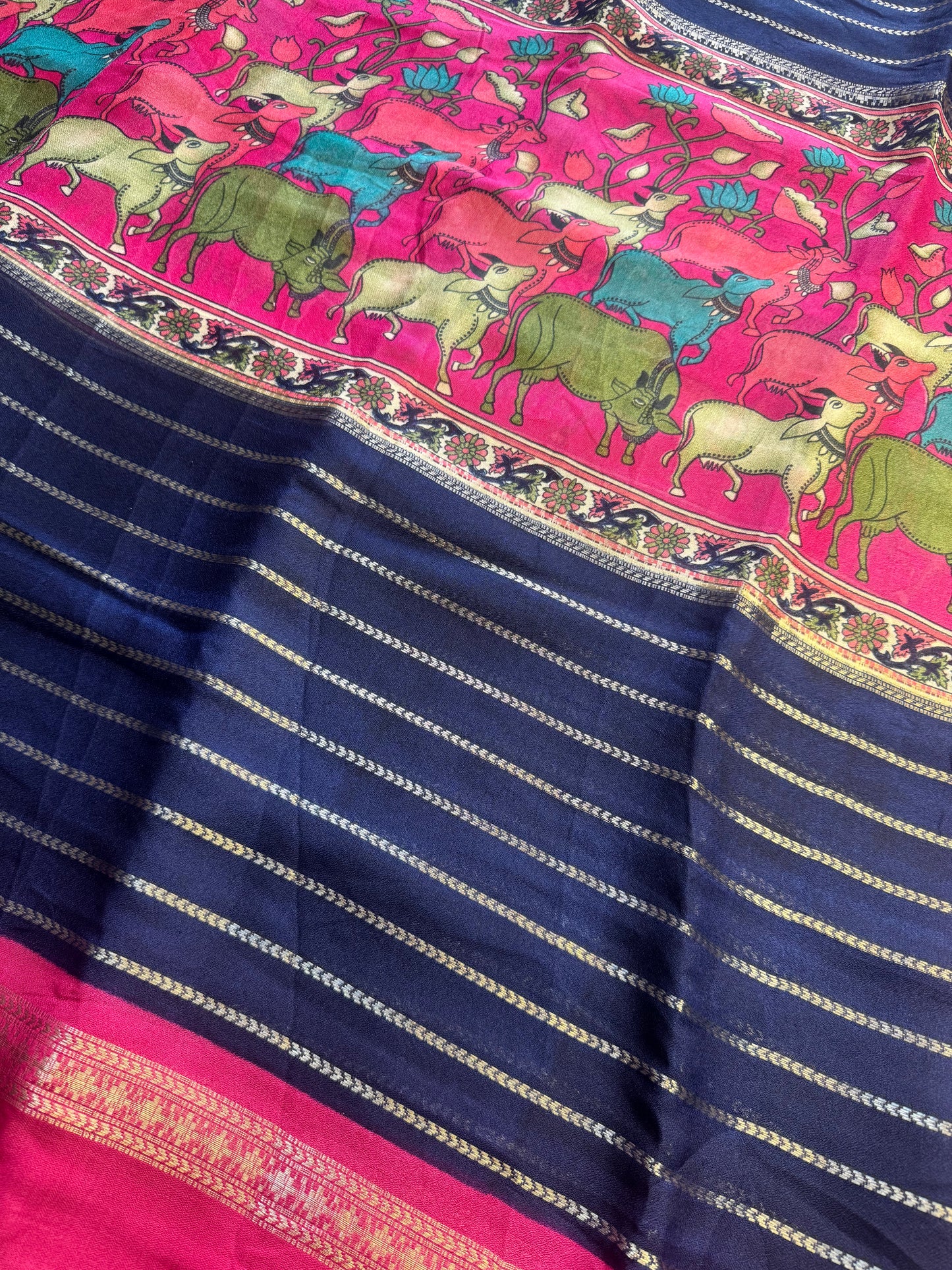 Pichwai Blue Chiffon Saree