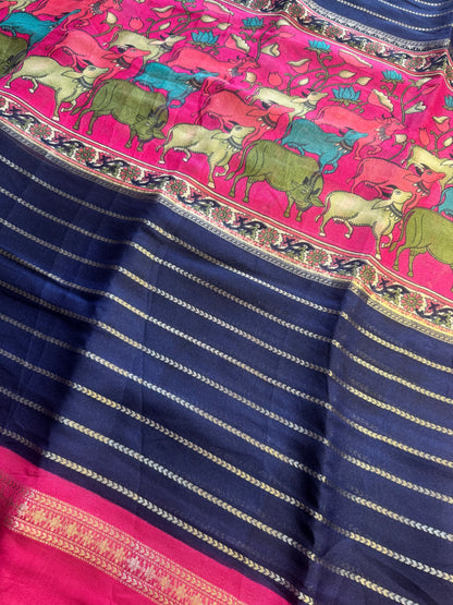 Pichwai Blue Chiffon Saree